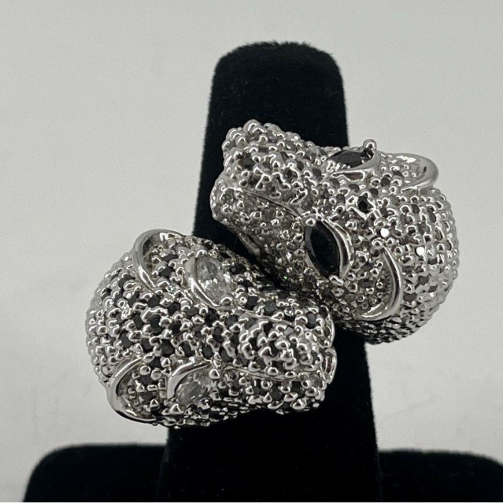 Silver-Tone Rhinestone Wild Cat Two
Head Mixed Metals Ring